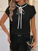 2026 Moda Europeia e Americana Transfronteiriça Amazon Versátil Elegante Plissado Gola Redonda Amarração Estampado Manga Curta Blusa Feminina