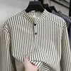 Camiseta de Manga Longa com Gola Henry e Padrão Espinha de Peixe para Homens, Moletom de Design Nicho para Outono com Estampa Listrada, Top Casual para Dropshipping