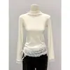 Blusa Base com Gola Meia-Alta Patchwork de Renda para Mulheres, Camada Interna franzida que afina a cintura para Outono e Inverno, Camiseta de Manga Longa com Babados que Rejuvenesce