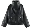 Chaqueta de Cuello Alto con Delantero Asimétrico de Piel Sintética para Mujer Otoño 2026, Estilo Europeo y Americano, Multibolsillos, Chaqueta de Cuero de Motocicleta de Corte Holgado