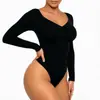 Body de una pieza para mujer, manga larga, fruncido a la cintura, para otoño e invierno, transfronterizo, sin costuras, alta densidad, alta calidad, cuello en V, levantamiento de glúteos, moldeador corporal