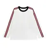 Camiseta de algodón puro de 220 g, moderna y versátil, con cuello redondo de color contrastante y rayas combinadas, camiseta de manga larga de corte holgado para venta al por mayor
