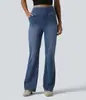 Jeans Boca de Sino de Alta Elasticidade para Mulheres do Tiktok, Calças Longas Casuais Slim-Fit de Cintura Alta, Jeans Azul Escuro Fashion Europeu e Americano de Comprimento Total