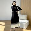 Tiro real outono e inverno de comprimento médio joelho-comprimento suéter saia de contraste costura semi-alta gola inferior vestido de malha interna para as mulheres