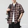 Camisa a cuadros estilo vintage americano de Jay Leno para hombre, de manga corta, de verano, marca moderna, holgada, casual, chaqueta jacquard bordada para hombre
