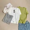 Verde Abacate Grande Gola U Tricô Cor Sólida Manga Curta Camiseta Feminina Verão Fina Leve Preguiçoso Solta Top Camiseta Feminina