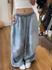 Jeans de estilo retrô americano, fluidos, de perna larga, com cintura de cordão, caimento solto, adequados para dança jazz, compridos até o chão, cintura elástica, calça longa casual