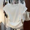 Playera de Algodón Puro de Manga Corta con Hombro Derecho Descubierto Azul Cuello Redondo Verano Femenino Nuevo Top Ajustado Plisado Moda Sexy Tendencia de Mujer