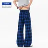 Calça xadrez versátil de perna reta, estilo high street, de comprimento estendido e perna larga, com bom caimento, calça casual estilo americano para homens altos
