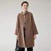 Nuevo abrigo de lana de doble cara de un solo botón para mujer para otoño e invierno, de longitud media, cuello alto, chaqueta elegante y versátil