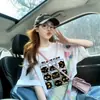 Camiseta de Algodón Puro Holgada de Colores Veraniegos con Graffiti para Mujer Estilo Chic de Hong Kong Estampado de Gato de Dibujos Animados Top Versátil de Longitud Media