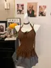 Camisola de Rayón con Lunares y Hermoso Diseño en la Espalda, Combinada con un Lazo tipo Bufanda, Camisola con Escote en V y Moño, Top Ajustado Estilo Chica Caliente con Encaje