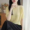 Blusa de tricô simples com gola redonda e manga curta para mulheres, para usar no verão, jacquard vazado, toque de alta qualidade, camiseta branca de linho com toque fresco
