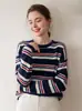 Suéter de Cashmere Listrado em Cores Contrastantes para Mulheres, Pulôver Solto Emagrecedor Estilo Preguiçoso, Suéter de Tricô Gola Redonda