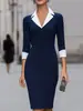 Ropa de Mujer Estilo Europeo y Americano Transfronteriza 2026, Traje de Oficina con Cuello Patchwork, Vestido Bodycon de Manga Tres Cuartos Ajustado