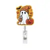 Suporte de Crachá Retrátil de Acrílico com Glitter para Halloween Fantasma Abóbora Desenho Animado Médico Clipe Extensível Rotativo para Crachá de Identificação