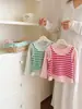 Chal de Punto para Niña Camiseta de Manga Larga Estilo Primavera y Otoño Top de Bebé Rayado con Parches Camiseta Básica Elegante para Niños