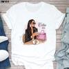2023 Camiseta feminina de manga curta feminina moda estampada manga curta estação independente tamanho europeu camiseta básica gola redonda
