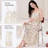 Novo Estilo de Camisola Feminina de Verão com Bojo e Alças Finas, Vestido Fino de Algodão Puro de Comprimento Médio, Roupa de Casa Listrada
