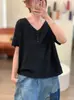 Verão Novo Estilo 2026 Gola V Tencel Casual Solto Emagrecedor Tricô Cor Sólida Fino Manga Curta Top Feminino