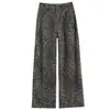 Calças de trabalho e jeans estilo americano com estampa de leopardo para mulheres, novo modelo 2026, cintura alta, corte solto, emagrecedor, calças casuais de perna reta para pessoas baixinhas