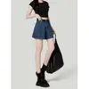 Shorts de mezclilla retro azules de pierna ancha para mujer, nuevo estilo moderno, forma de pera, holgados, de cintura alta, corte A, versátiles, hot pants que se ajustan a la cadera
