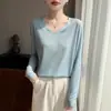 Nueva Camiseta de Manga Larga con Cuello en V para Mujer, Top Delgado, Sencillo y Versátil, Color Sólido, Holgado, Camiseta Básica de Punto Sencilla