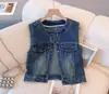 Chaleco de Mezclilla Casual de Moda Coreana, con Capas y Cuello Redondo, en Azul Profundo, Azul Medio y Otros Elegantes Estilos de Algodón, en Stock