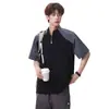 Camiseta masculina de manga curta com meio zíper, absorção de umidade, secagem rápida, antibacteriana, modelagem solta, color block, toque fresco, proteção solar, manga curta