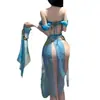 Conjunto Fashionável Top Tomara-que-caia Sexy Realçador de Seios Saia Longa de Malha Transparente com Fenda Estilo Dançarina Clássica Retrô das Regiões Ocidentais