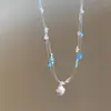 Colar de Pérolas de Concha de Estrela do Mar Azul Feminino Estilo de Verão à Beira-Mar Empilhado Corrente Clavicular Acessórios de Colar Pequeno e Fresco