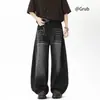 Jeans preto retro americano de bainha curva para homens, novo design de alta costura de outono, corte solto, modelador, calças pantalona fluidas