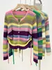 Cardigan de tricô listrado colorido novo de primavera, design de nicho com senso de estilo ocidental moderno, manga longa, decote em V, top slim para mulheres