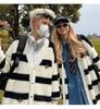 Cardigan de Tricô Listrado Contrastante Outono e Inverno Tendência Veludo Imitação de Visão Estilo Casal Outwear Retrô Americano Estilo Preguiçoso Tricô