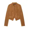 Chaqueta de ante sintético de moda para mujer, con cuello alto, diseño de un solo botón, corte ajustado y un bajo asimétrico acampanado, perfecta para primavera y otoño