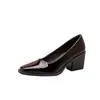 Sapatos de salto grosso estilo francês em pele de carneiro, mocassins femininos retrô em couro genuíno, sapatos de salto vintage sem cadarço com bico fino