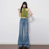 Jeans acampanados retro de mezclilla lavada azul de tiro medio-bajo para mujer, nuevo estilo otoño 2026, elásticos y que no se pegan, versátiles pantalones de campana