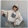 Moletom Feminino com Forro de Lã, Espessado, Novo Outono e Inverno, Estilo Japonês e Coreano, Simples, Rejuvenescedor, Estampa de Letras, Solto para Estudantes, Manga Longa, com Capuz