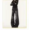 Jeans acampanados de estilo americano en negro y gris lavado con estampado de rayo para mujer y hombre, pantalones de tiro alto rectos de corte slim y pierna ancha para otoño