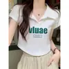 Camiseta blanca de manga corta con cuello polo para mujer, nuevo estilo de verano, corte ajustado, acentúa los hombros, top corto estampado, algodón