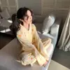 Pijama de Chica Oso Rayado Dulce Estilo Japonés Cardigan de Primavera y Otoño Solapa Doble Conjunto Largo Ropa de Casa para Dormitorio Estudiantil
