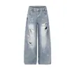 Jeans Lavado Rasgado Retro Americano Novo Urso Mágico 2026 com Corte Reto e Design de Strass, Calças de Perna Larga Emagrecedoras