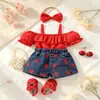 26 Traje de Verano para Niñas Europeas y Americanas de Comercio Exterior Transfronterizo: Conjunto de Top de Tirantes de Manga Corta y Pantalones de Mezclilla Lavados con Estampado de Corazones