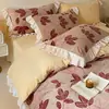 Juego de cuatro piezas de sábanas de leche de terciopelo tallado tridimensional simple y fresco, con borde completamente mate, clase A, juego de cama de tres piezas con sábana bajera y falda de cama 1