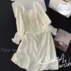 Camisola Longa Lisa com Laço e Renda Franzida para Mulheres, Vestido de Casa de Comprimento Médio com Gola Quadrada, Pulôver para Primavera e Outono, Adequado para Uso Externo