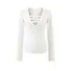 Atacado de Roupas Femininas Transfronteiriças Estilo Europeu e Americano 2025 Outono e Inverno Novo Puro Desejo Sexy Gola V Profunda Manga Longa Camiseta Slim Fit Camada Base