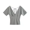 25109-26 Primavera Estilo Coreano Ajustado Cuello en V Profundo Atado Liso Corto Manga Corta Suéter Camiseta Camisa Base