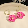 Pendientes de Colgante de Flor de Cinco Pétalos de Doble Capa en Forma de C Dulces Estilo Coreano Dopamina Pendientes de Moda Versátiles Estilo Ins para Mujeres