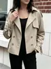 Blazer feminino de botões duplos estilo europeu e americano com gola e gravata, sobretudo de caimento solto e modelador, fornecimento atacadista