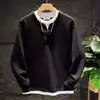 Sudadera de punto con mangas largas, estilo dos piezas cosido, para hombre, estilo japonés de otoño e invierno, color liso simple, cuello redondo casual, camiseta básica